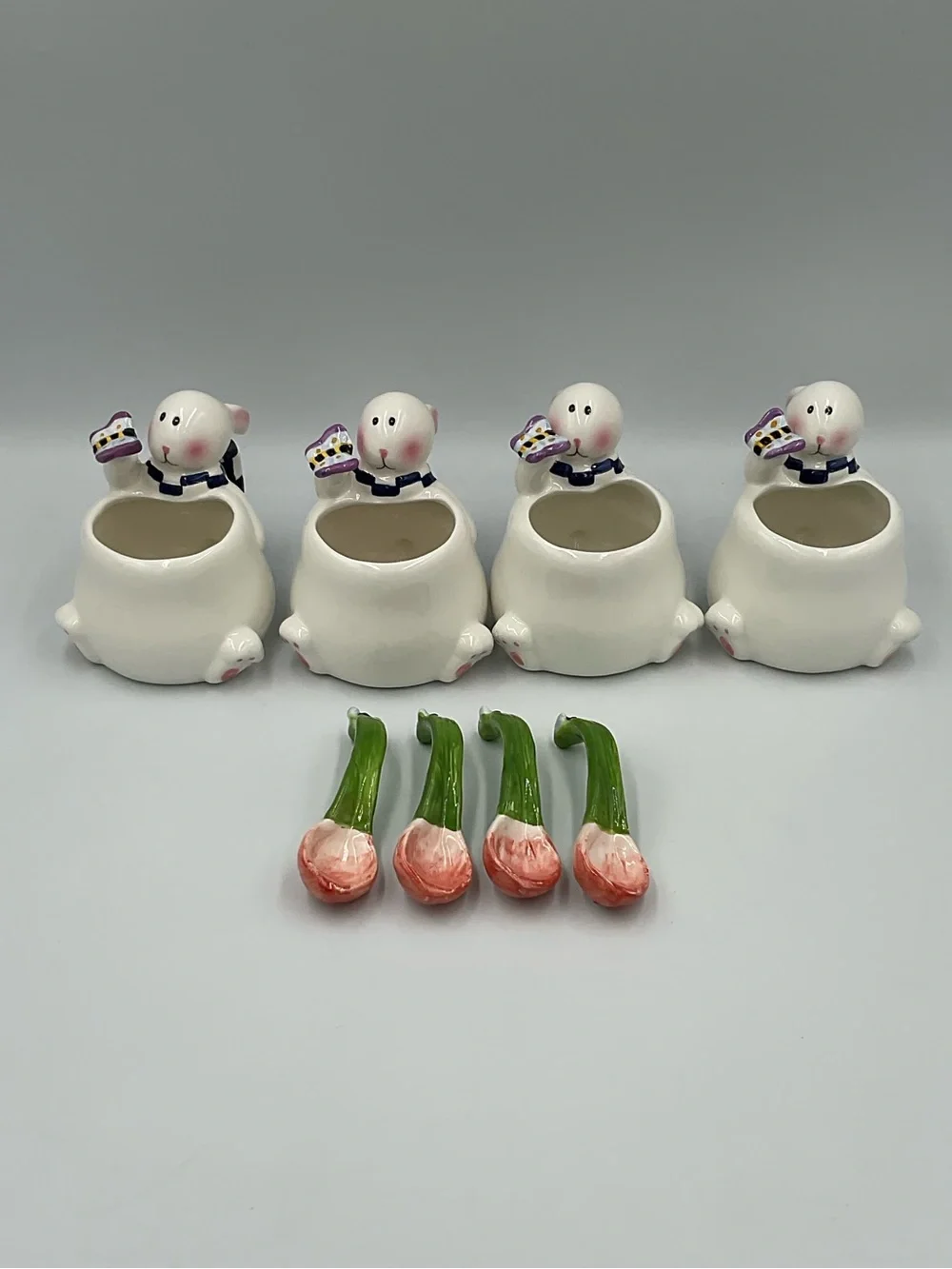 Vintage Mercuries Whimsical Spring Rabbit Teacups w/ Stirring Spoons- Set of 4